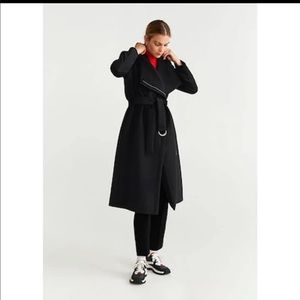 Mango MNG suit black wool blend unstructured long belt coat size Small